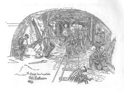 „Die Suppe in den Stollen" - Zeichnung des KZ-Überlebenden Daniel Piquee-Audrain. Quelle: Scan von Perz, „Projekt Quarz“.