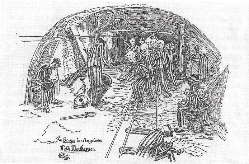 „Soup in the Tunnels“ – drawing by concentration camp survivor Daniel Piquée-Audrain. Source: scan by Perz, “Projekt Quarz”.